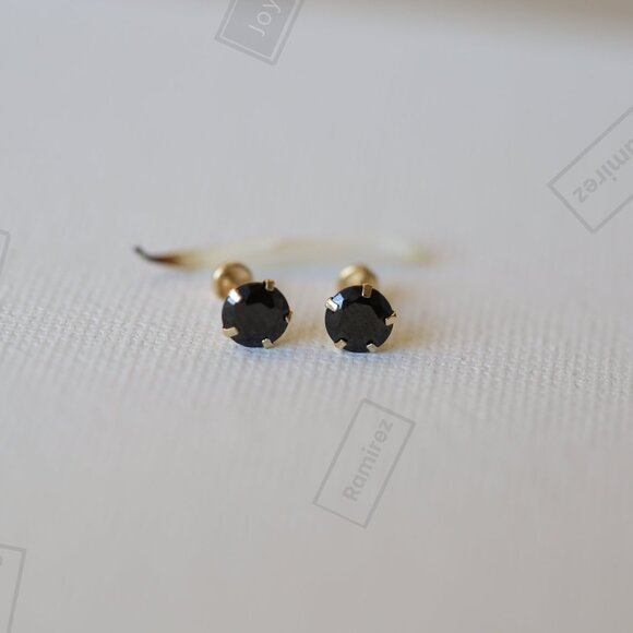 Solid 14K Gold Earrings With Black Zirconia 5 mm Classic Elegance & Bold Shine. - Picture 2 of 7